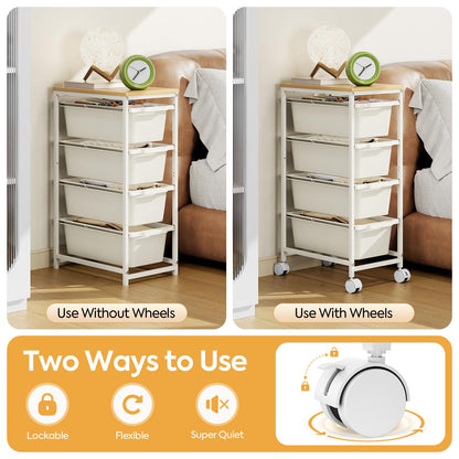 Rolling Storage Cart with 4 Drawers, Craft Organizer, Wooden Tabletop Utility Cart for Bedroom, Children's Room and Office Organization, Table Side Trolley with Lockable Wheels, White