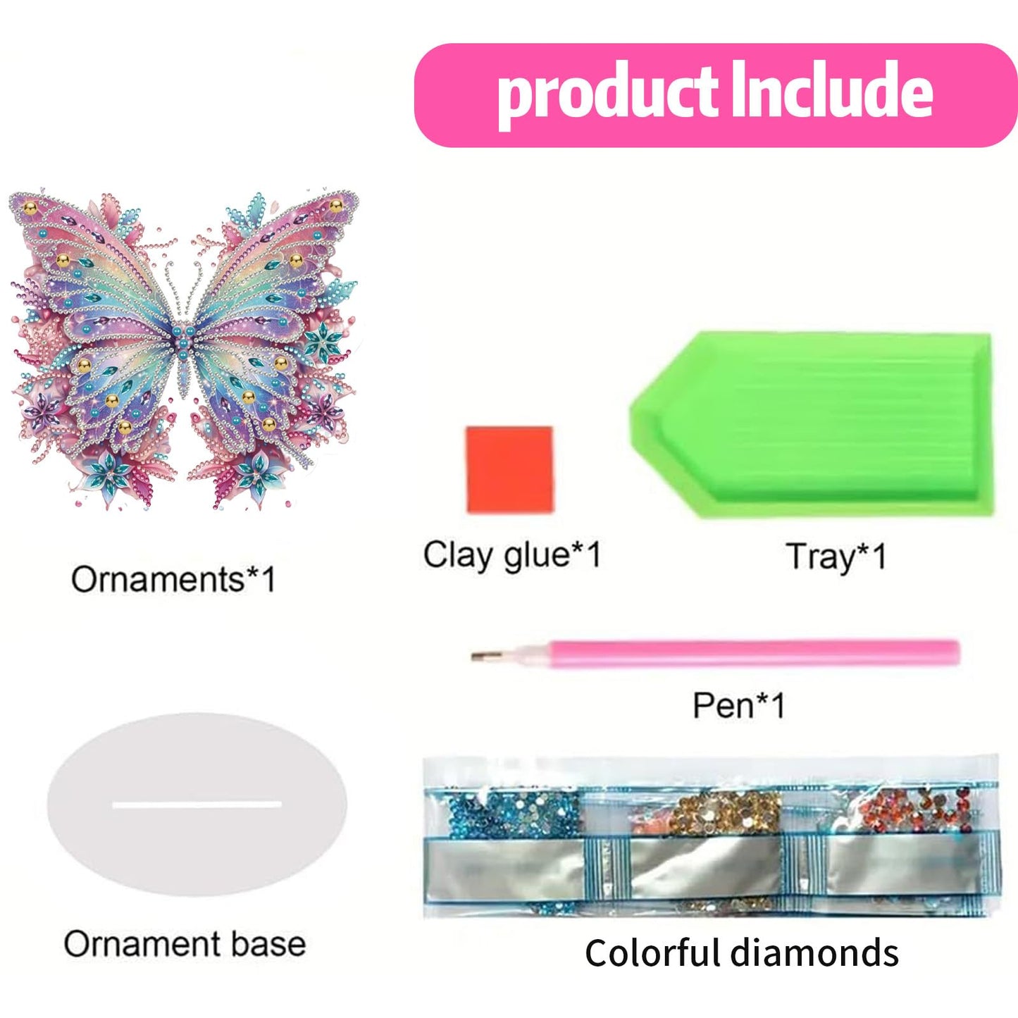 ACSAUMMY 5D Diamond Art Kits for Adults, Diamond Art Painting Desktop DIY Diamond Art Tabletop Pink Butterfly Diamond Arts and Crafts for Kids Adults Stand Up Gem Painting Kit for Decoration