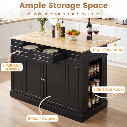 Giantex Kitchen Island with Storage & Drop Leaf, 48" Stationary Island Table with Rubber Wood Top, 2 Drawers, Cabinet, Adjustable Shelf, Butcher Block Island for Living Dining Room, Bar (Black)