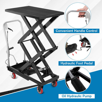 Hydraulic Lift Table Cart, 770lbs Capacity 50" Lifting Height Hydraulic Table Cart, Double Scissor Lift with Non-Slip Pad for Material Handling and Transportation, Black