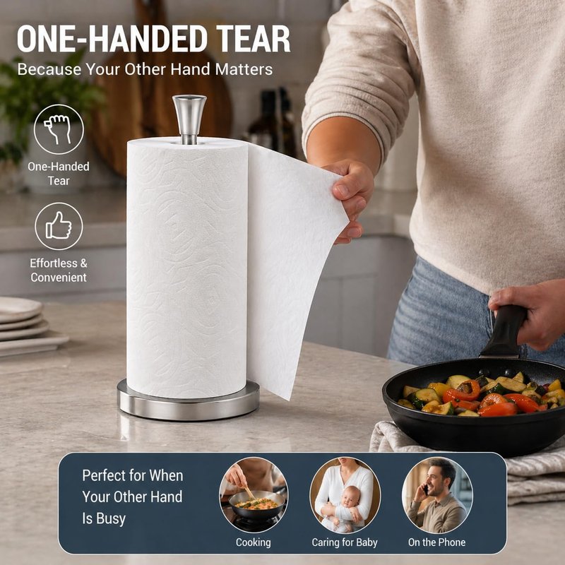 Paper Towel Holder Countertop with Suction Cups - Heavy Duty (2.9 lbs) Stainless Steel Paper Towel Dispenser, One-Hand Tear for Kitchen, Fits Standard & Mega Rolls