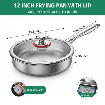 KEGDAN 12 Inch Stainless Steel Pan, 5pcs Tri-Ply Stainless Steel Frying Pan with Lid, Dishwasher & Oven Safe, Induction Cooking Skillets, Fast & Even Heat and Detachable Handle