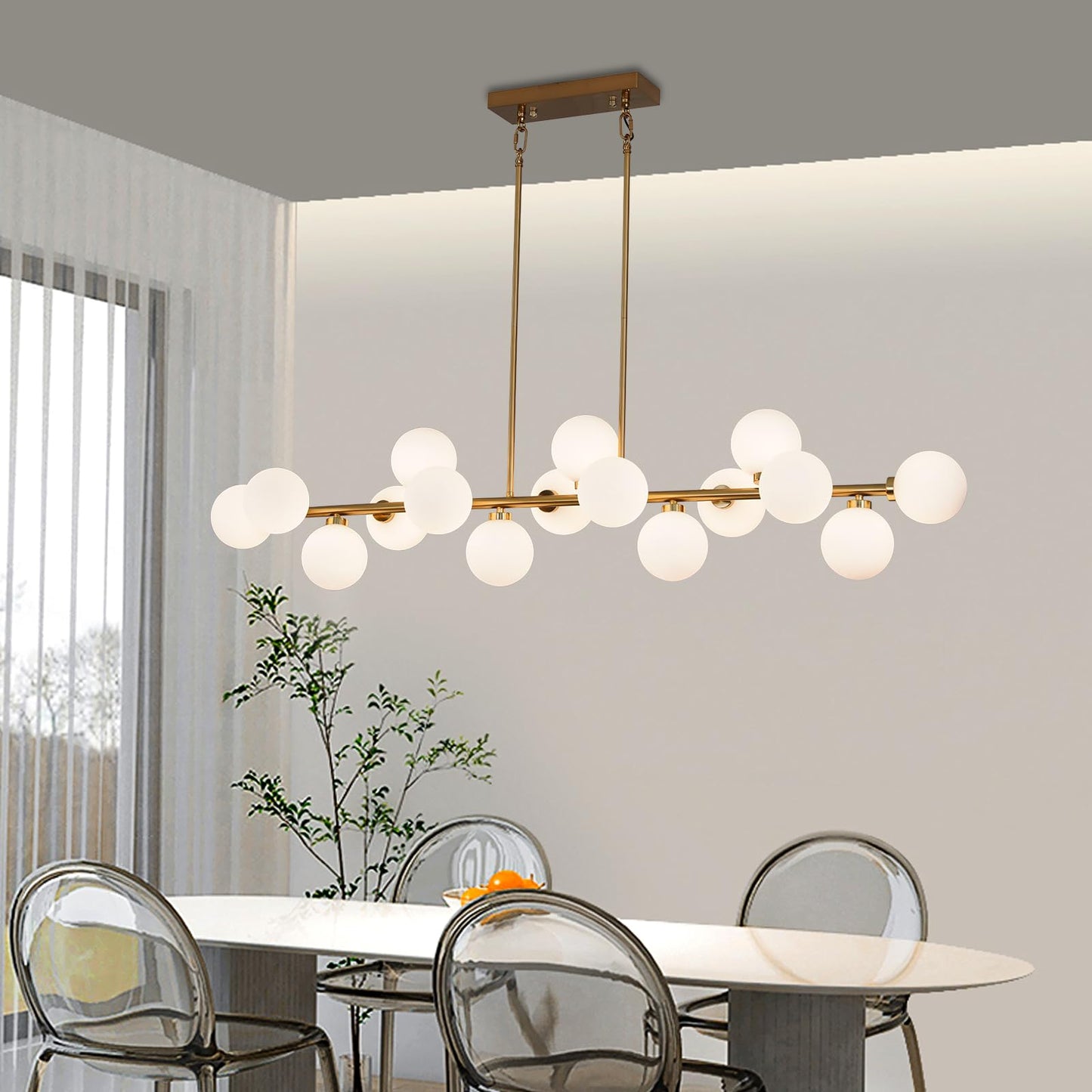 Besytal 55" Brass Linear Chandelier, 16 Lights Mid Century Modern Sputnik Chandelier, Large Pendant Lights Kitchen Island with White Glass Lampshade, Bubble Chandelier for Kitchen Over Table - Gold