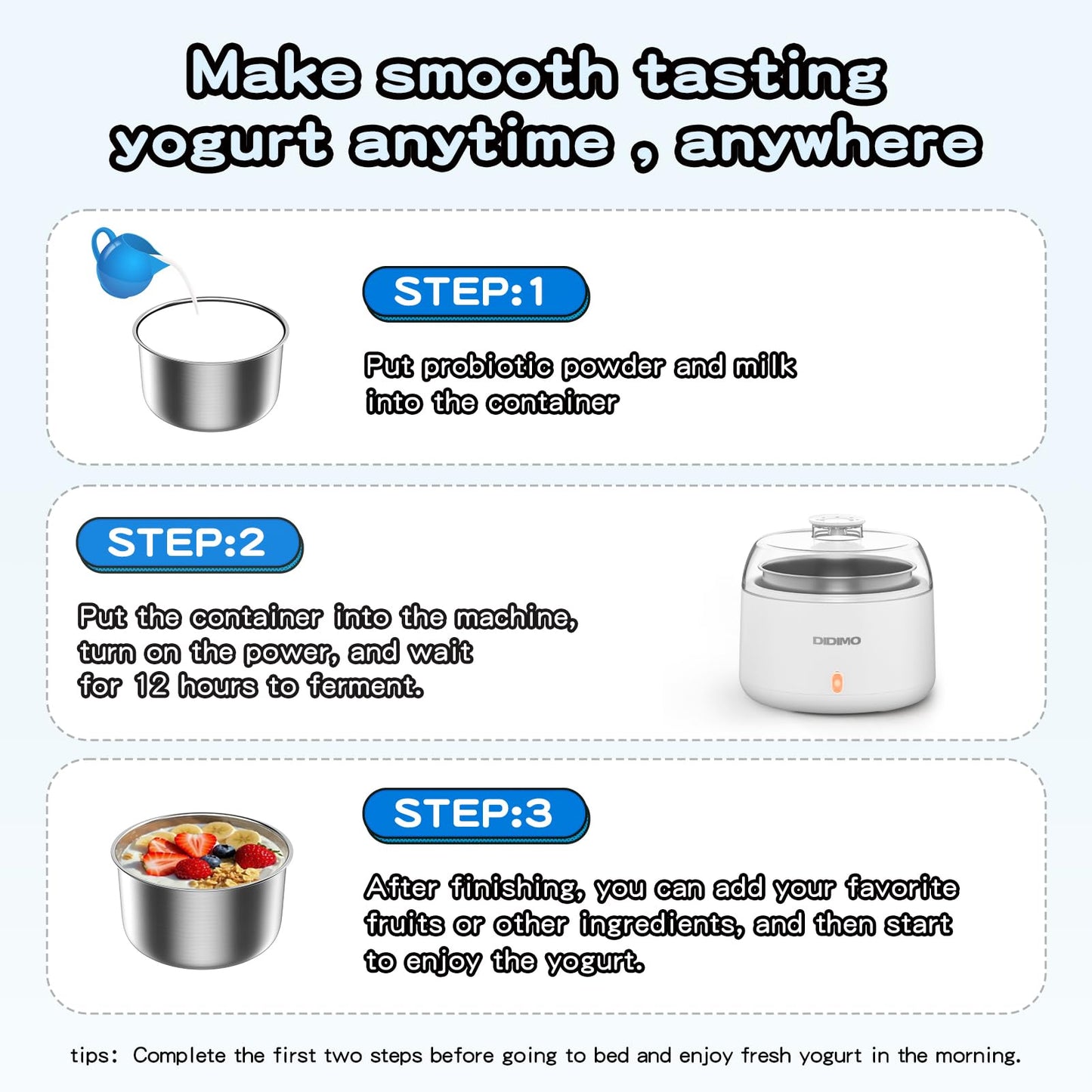 DiDimo 1.37QT Yogurt Maker Machine with Stainless Steel Bowl, Automatic Electric Greek Yogurt Maker, Probiotic Maker for Natto & Rice Wine