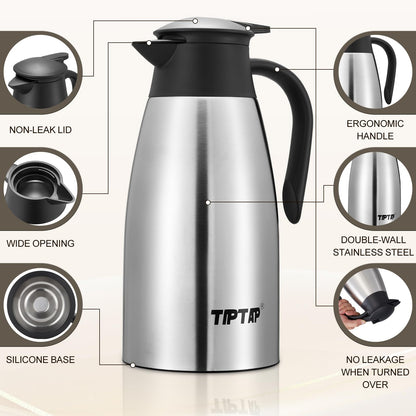 TIPTAP 70oz Thermal Coffee Carafe, Stainless Steel Insulated Vacuum Coffee Carafes For Keeping Hot and Cold, 2 Liter Beverage Dispenser