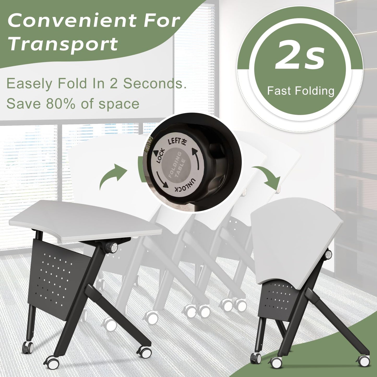 JFazzruit Folding Conference Table,Fan-Shaped Conference Room Tables with Wheels, Mobile Modular Seminar Meeting Desk for Classrooms,Office & Seminar (2, Fan-White)
