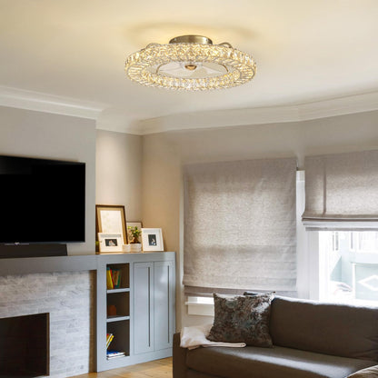 MOOONICHE 22" Low Profile Flush Mount Ceiling Fan, Ceiling Fan with Light and Remote, Dimmable Fandelier with Crystal Lampshade, Bladeless Enclosed Fan Light-Gold