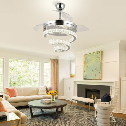 FRIXCHUR 42" Crystal Chandelier Ceiling Fans with Lights and Remote Dimmable Fandelier Retractable Crystal Ceiling Fans 3 Rings Invisible Blades Crystal Ceiling Fans for Bedroom Living Room 30W*2