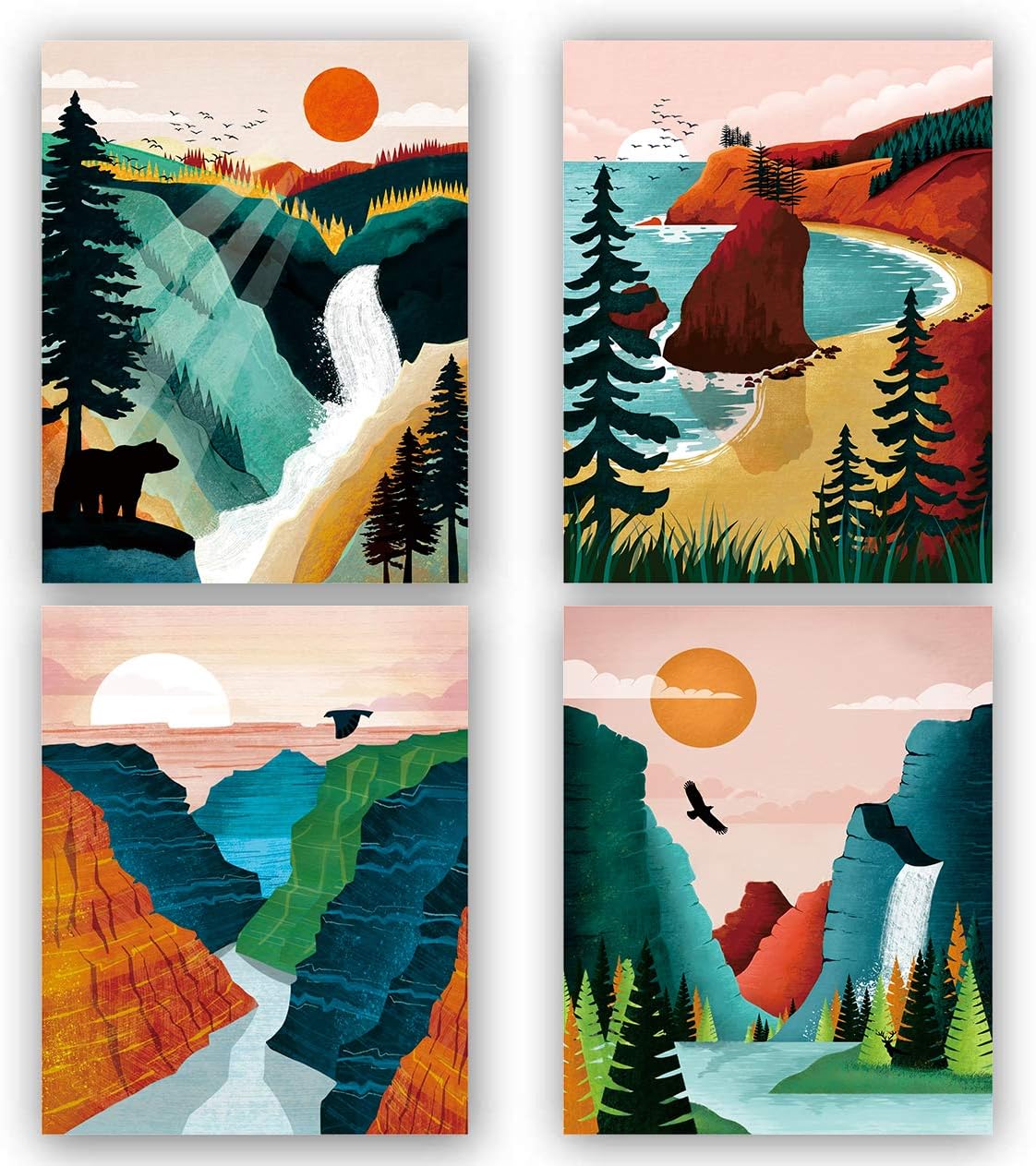 National Park Poster Set of 4, Nature Wall Art Prints for Home Decor, Grand Canyon, Sierra Nevada, Olympic Parks