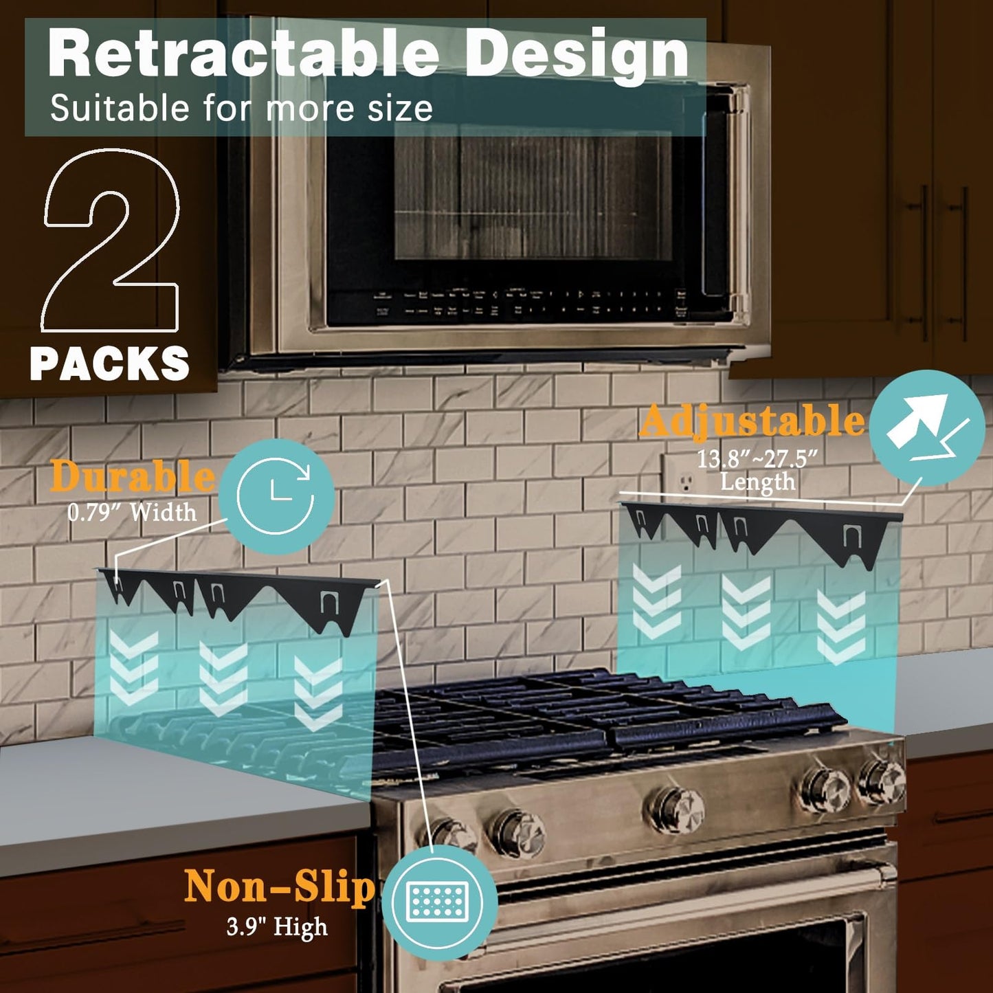 Stove Gap Covers Stainless Steel, 2 Pack Stove Gap Filler Easy Retractable Length 13.8" to 27.5", Width 0.79" ALMCALS Stove Gap Guards Range Trim Kit, Heat Resistant Guard Between Stove Top & Counter