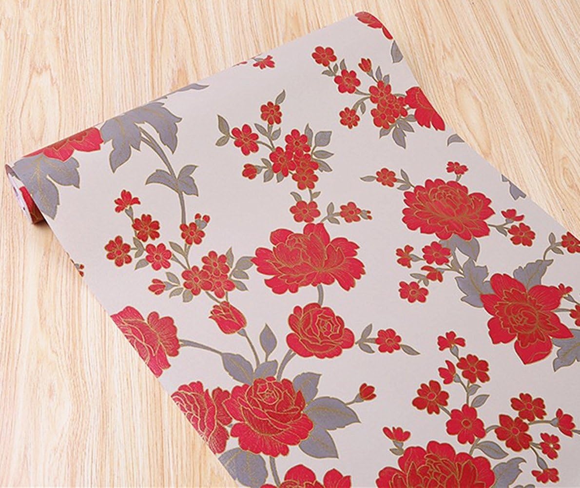 Vintage Floral Adhesive Paper Vinyl Shelf Liner, Peel Stick Dresser Drawer Sticker, 17.7inch by 118inch (Red)