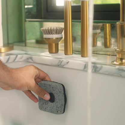 Curio Home Goods Ionic Non-Scratch Kitchen Sponge with Magnetized Holder, Dual Sided Cellulose and Scrub Pad, 3 Pack, Black/Grey