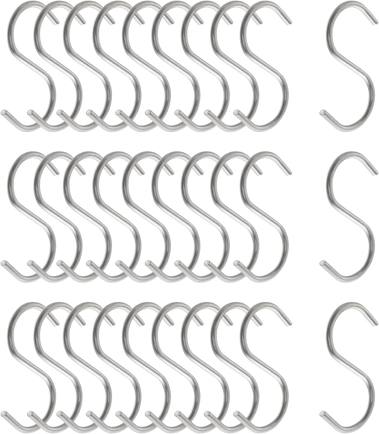 30pcs 2 Inch Silver S Shape Hooks, Heavy-Duty Hanging Hooks for Pot Pan Hanger, Kitchen Tools