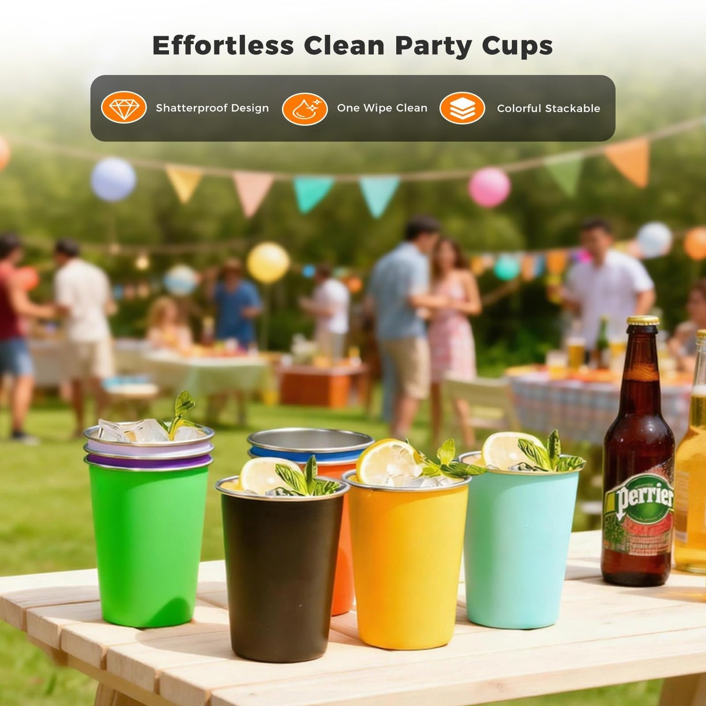 HAMIZHONGTAI 8 Pack Stainless Steel Cups 16oz - Colorful Stackable Shatterproof Metal Cups & stainless steel tumbler, Reusable BPA-Free Metal Drinking Cups for Camping, Travel, Outdoors