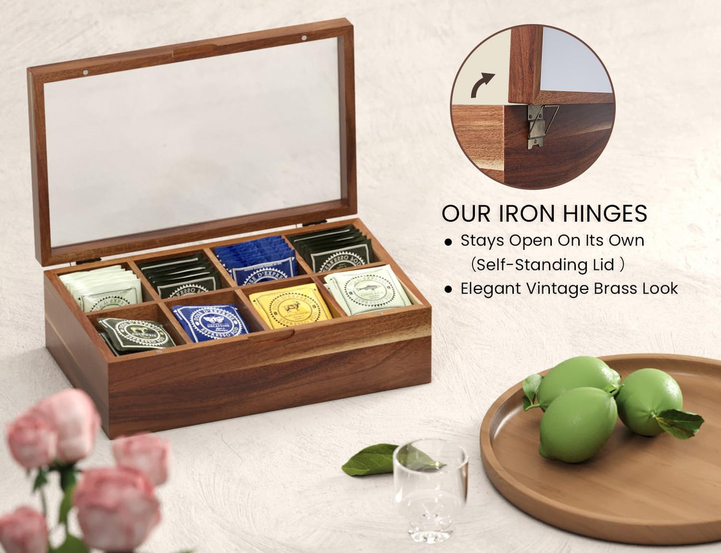 Danfoxer Acacia Wood Tea Bag Organizers, Tea and Sugar Packet Storage Chest,Wooden Teabag Holder Containers,Teabox Storage Box with 8 Compartments and Clear Acrylic Top Window