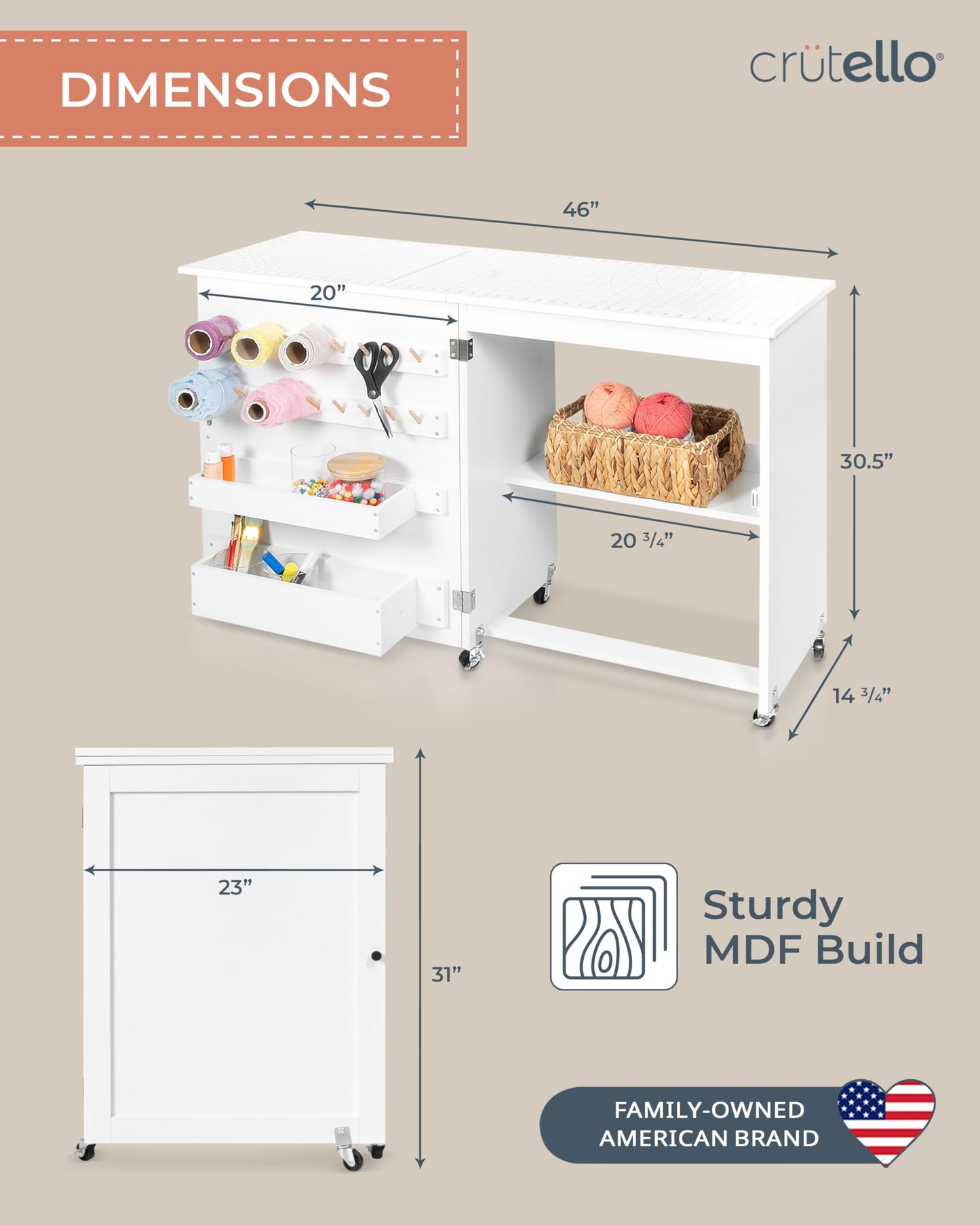 Crutello Sewing Table and Folding Craft Table with Storage for Adults - 46 inch Fold Out Grid Top Crafting Desk for Fabric Cutting, Quilting & Hobby