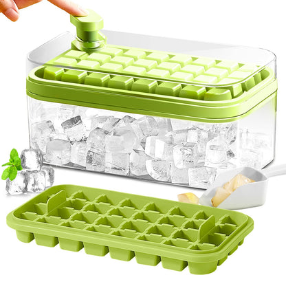 Ice Cube Tray with Lid and Bin, 2 Pack Ice Cube Trays for Freezer, 64 Pcs Ice Cube Mold, Press Button Easy Release Ice Tray, Small Ice Cubes Maker for Drinks(Green)