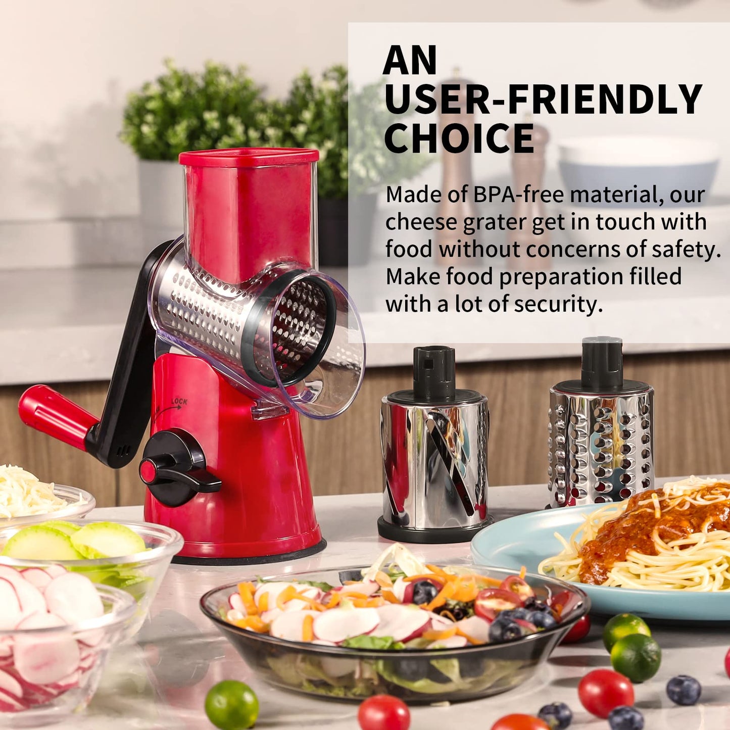 RIGSTNE Rotary Cheese Grater, 3 in 1 Cheese Shredder Grater Rotary with Handle, Vegetable Mandoline Slicer Shredder for Vegetable, Cheese, Nut