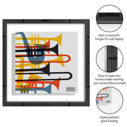Americanflat 16.5x16.5 Album Cover Frame with Shatter-Resistant Glass - Signature Float Collection - Square Frame Made of Engineered Wood - Floating Frames for Wall Display - Black