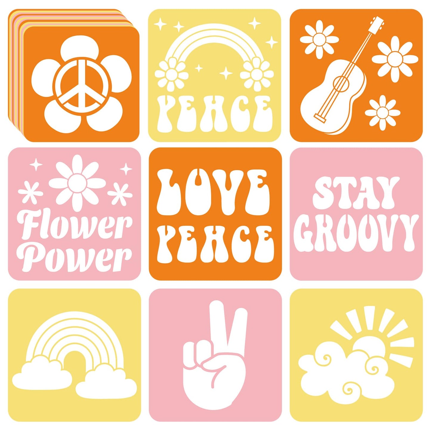 36pcs Groovy Hippie Drawing Stencils for Kids 8 Inch Sidewalk Chalk Stencils Painting Spring Gifts Large Washable Reusable Retro Boho Themed Primary Shape Template for Kids Toddlers Preschool