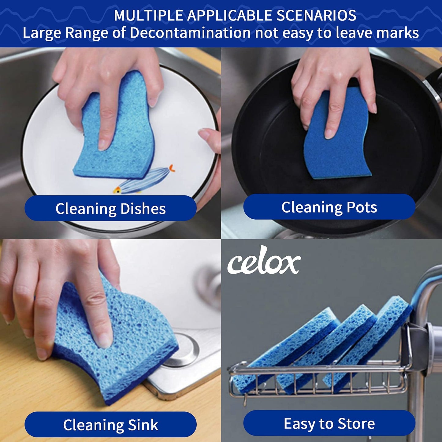 CELOX 36 Dishwashing Household Cleaning Sponges for Kitchen, Blue
