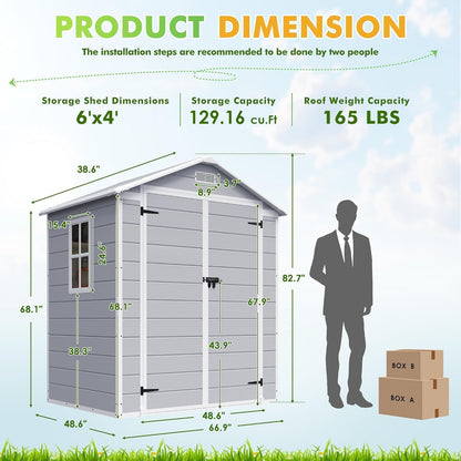 Devoko 6 x 4 FT Plastic Outdoor Storage Shed with Floor, Resin Tool Shed with Window, Outside Waterproof Garden Shed with Lockable Door for Patio, Backyard, Poolside, Light Grey