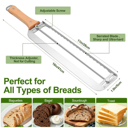 Adjustable Bread Slicer for Homemade Bread - Upgrade Manual Sourdough Bread Knife with Thickness Guide, Bread Bow Cutter with Stainless Steel Serrated Blade for Baguettes Bagels, Ideal Gift for Baker