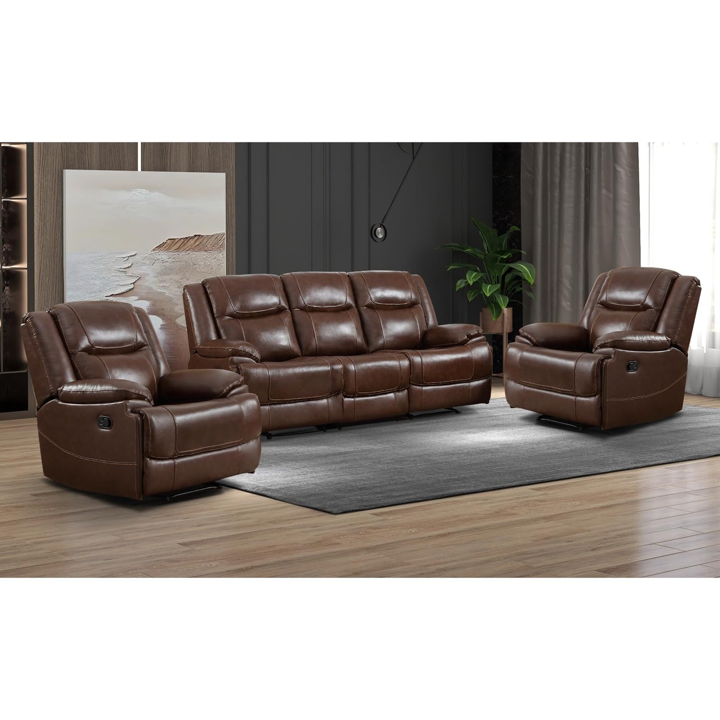 EBELLO Genuine Leather Recliner Manual Sofa Set, Double 1 Seat Reclining Chair, a 3 Seater Sofa with Headrest and Armrest, Modern Durable Home Furniture Set for Living Room, Vintage Brown