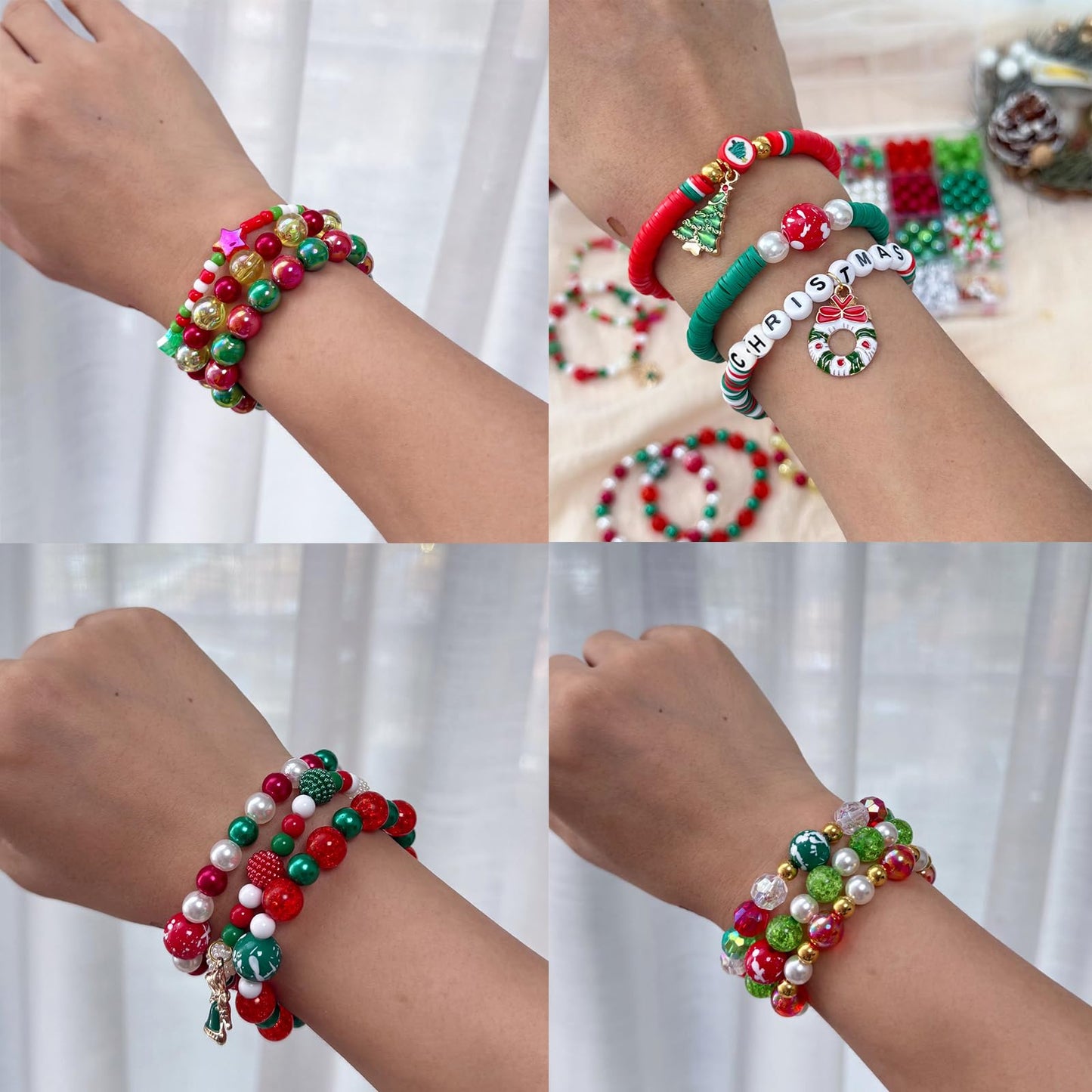 LLchunyun 1449PCS Christmas Beads for Bracelets Making Kit, Christmas Charms Red Green Beads for Jewelry Making Assorted Acrylic Crystal Round Pearl Star Spacer Clay Bead for Necklace Keychain Making