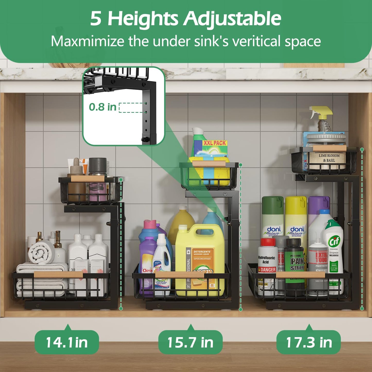 ADRIMER Under Sink Organizer 2 Packs, Pull Out Kitchen Sink Organizer, 2 Tier Slide Out Kitchen Organizers and Storage Bathroom Under Cabinet Storage Shelf, Black