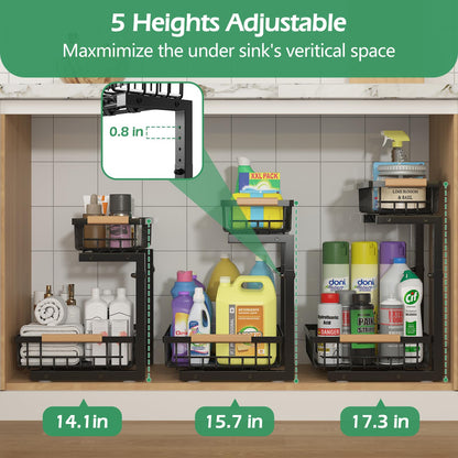 ADRIMER Under Sink Organizer 2 Packs, Pull Out Kitchen Sink Organizer, 2 Tier Slide Out Kitchen Organizers and Storage Bathroom Under Cabinet Storage Shelf, Black