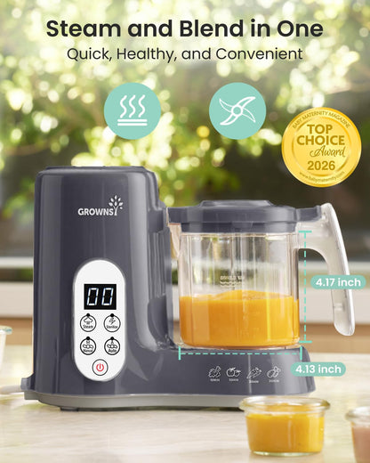 Grownsy Baby Food Maker with Steam Basket, One Step Baby Food Processor Steamer Puree Blender Grinder Mills Machine, Auto Cooking Grinding and Sterili-zing for Healthy Homemade Baby Food, Dark Grey