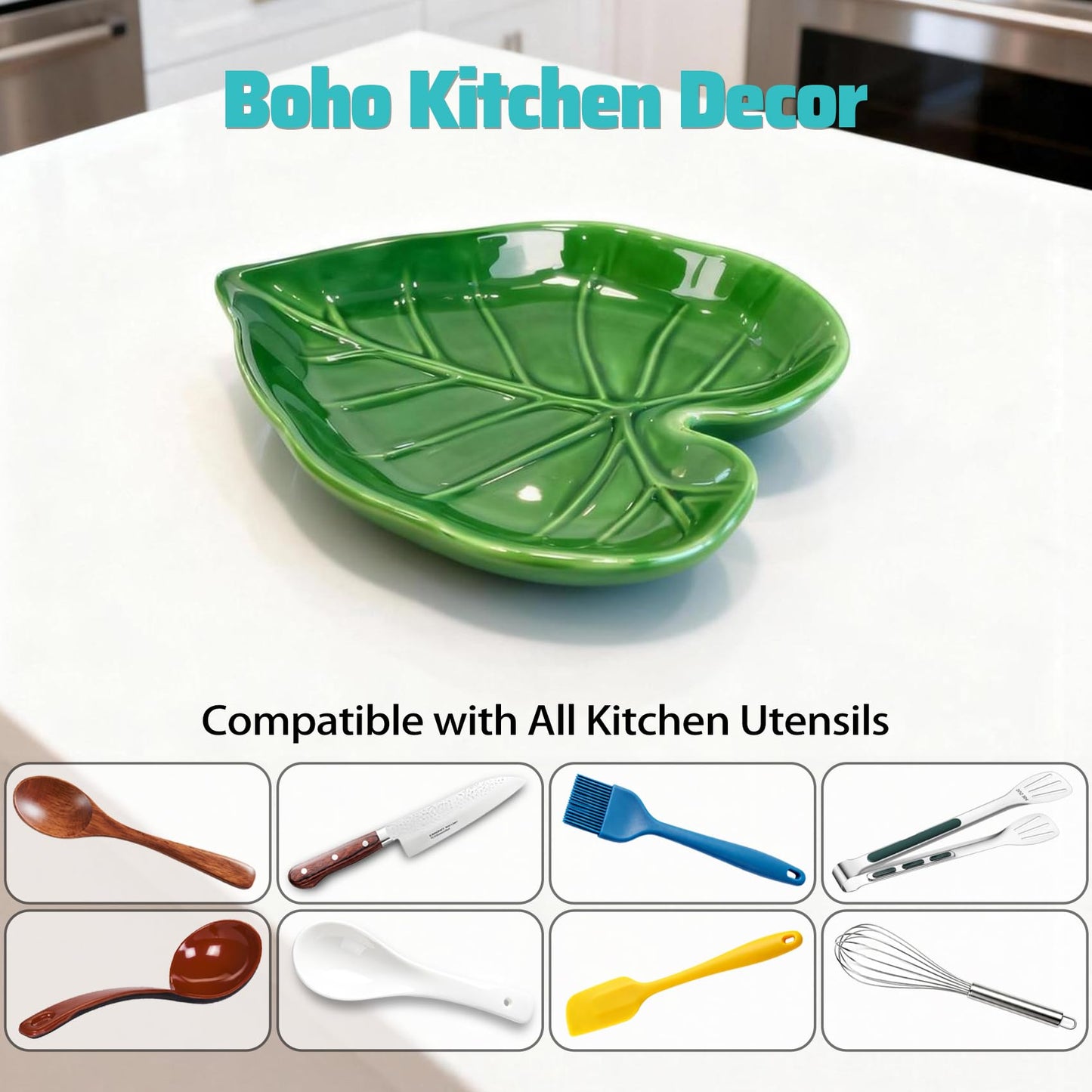 Ceramic Spoon Rest Set of 2, Leaf Spoon Holder for Stove Top & Kitchen Counter, Keeps Counters Clean, Heat Resistant & Dishwasher Safe, Cute Green Kitchen Decor Gift