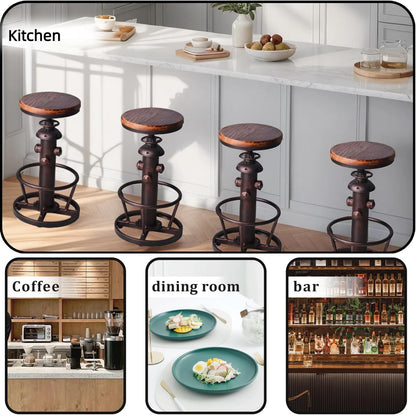 BOKKOLIK Vintage Swivel Bar Stool Industrial Coffee Kitchen Dining Chair Fire Hydrant Design Height Adjustable 24.8-30.7inch Solid Wooden Seat
