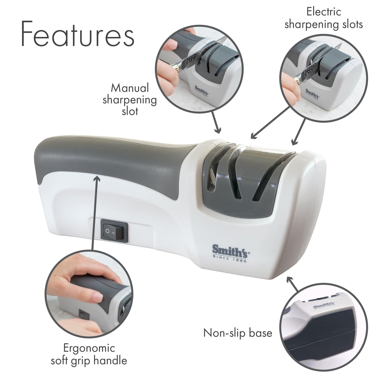 Smith’s 50097 Compact Electric Knife Sharpener | White & Grey | Kitchen Knife 2 Stage Sharpener | Electric & Manual | Blade Guide | Quick Sharpening & Polishing | Straight Edge Blades | Handheld