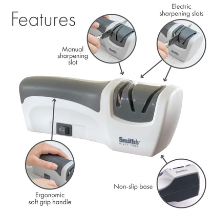 Smith’s 50097 Compact Electric Knife Sharpener | White & Grey | Kitchen Knife 2 Stage Sharpener | Electric & Manual | Blade Guide | Quick Sharpening & Polishing | Straight Edge Blades | Handheld