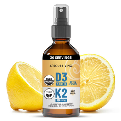 Organic Vitamin D3 5000 IU (Lichen) + K2 120 mcg (Fermented Chickpea), Immune, Bone & Heart Health with Calcium Absorption | Trace Minerals, Lemon & Citrus, Sugar Free, Spray (1 FL OZ, 30 Servings)