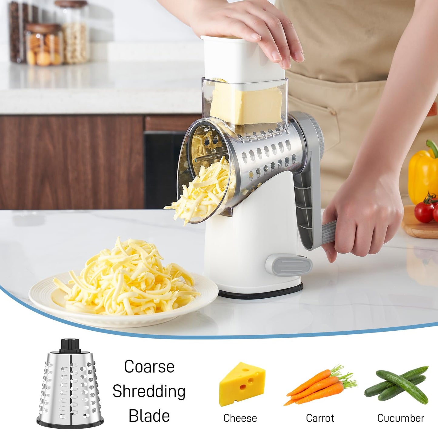 VEKAYA Rotary Cheese Grater Hand Crank with 4 Interchangeable Stainless Steel Blades, Large Manual Handle Shredder and Waffle Slicer for Vegetables, Cheese and Nuts with Table Suction Base(White Grey)