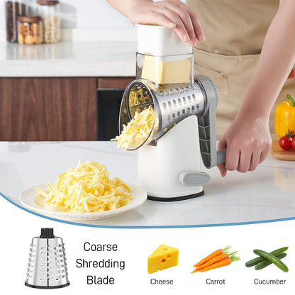 VEKAYA Rotary Cheese Grater Hand Crank with 4 Interchangeable Stainless Steel Blades, Large Manual Handle Shredder and Waffle Slicer for Vegetables, Cheese and Nuts with Table Suction Base(White Grey)