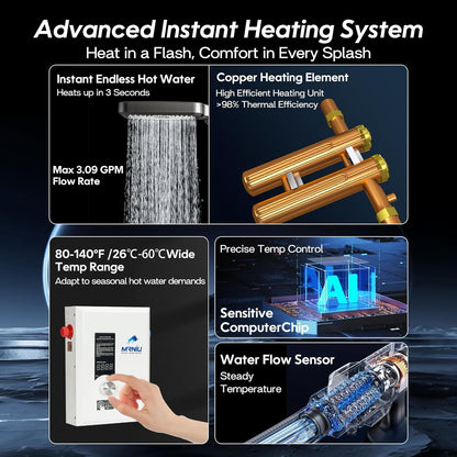 24Kw 240V Electric Tankless Water Heater, LED Temperature Display, On-Demand Instant Hot Water, Space-Saving Design for Whole House Shower – Endless Hot Water Supply for Residential Use