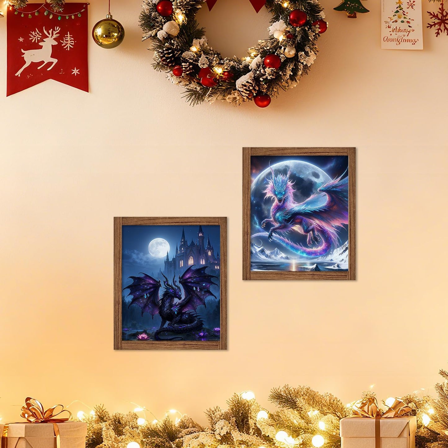 XUNLURY Dragon Diamond Art Kits 2 Pcs, Fantasy Neon Dragon Full Moon Castle Diamond Painting Kits for Adults Beginners, Full Drill Diamonds Dots for Home Decor, 9.8x11.8 Inch