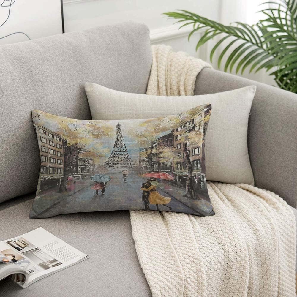 Paris Pillow Cover 12x20 inch - Oil Painting Autumn Lovers Kiss on Rainy France Street Decorative Throw Pillow