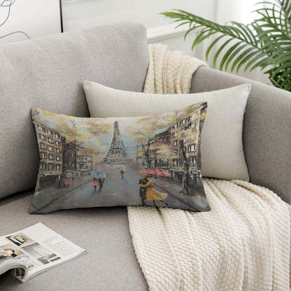Paris Pillow Cover 12x20 inch - Oil Painting Autumn Lovers Kiss on Rainy France Street Decorative Throw Pillow