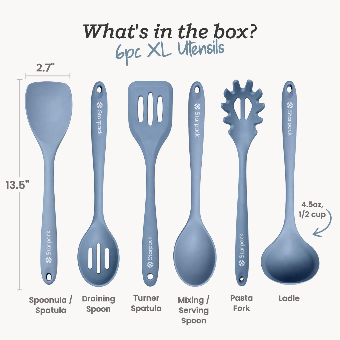Starpack Like a Boss XL Silicone Cooking Utensils Set (6-Piece, 13.5") - LFGB Certified, 600°F Heat Resistant, BPA-Free - Heavy-Duty Steel Core, Dishwasher Safe - for Nonstick Cookware, Light Blue