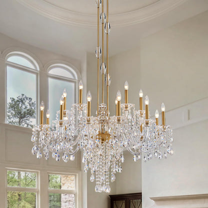 Duluyiee 18-Light Crystal Candle Chandelier, Brass Gold Chandelier for Foyer, Staircase & High Ceiling Living Room, Adjustable Height, E12 Base