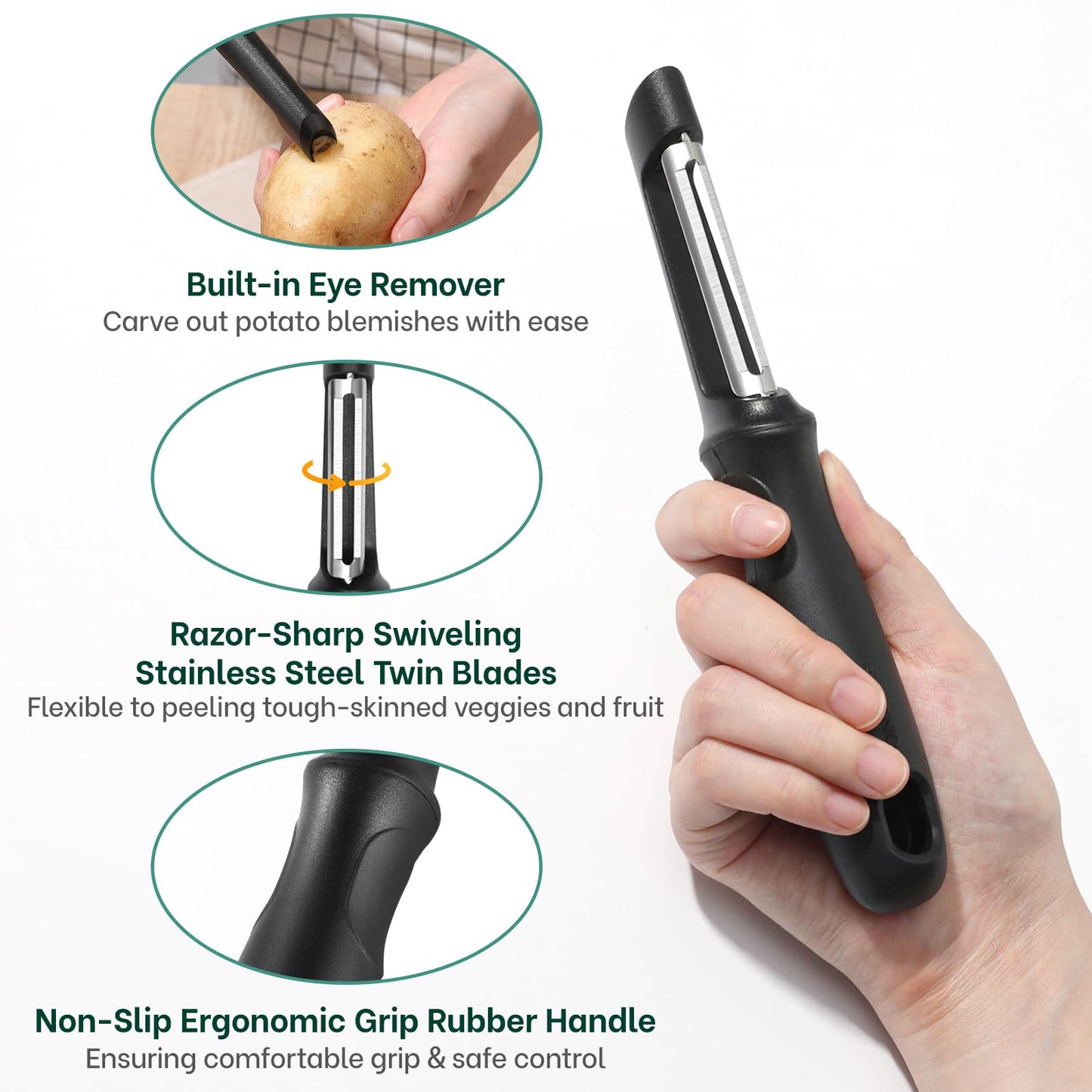 Beneno Swivel Vegetable Peeler, Razor-Sharp Smooth Peeling Potato Peelers with Stainless Steel Blades, Ergonomic Comfort Non-Slip Rubber Handle, Durable Kitchen Peelers with Potato Eye Remover, Black