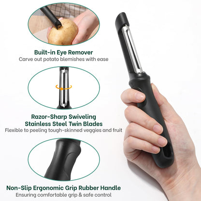 Beneno Swivel Vegetable Peeler, Razor-Sharp Smooth Peeling Potato Peelers with Stainless Steel Blades, Ergonomic Comfort Non-Slip Rubber Handle, Durable Kitchen Peelers with Potato Eye Remover, Black