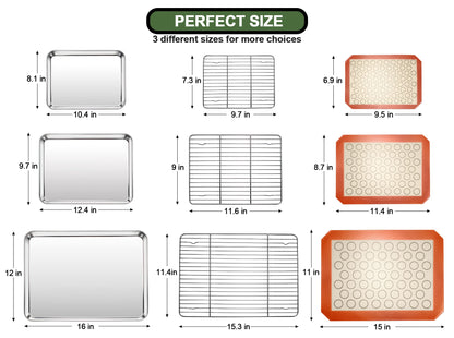 Baking Sheet Tray Cooling Rack with Silicone Baking Mat Set, Stainless Steel Cookie Pan For Oven, Set of 9 (3 Sheets + 3 Racks + 3 Mats), Warp Resistant & Heavy Duty & Easy Clean, Red