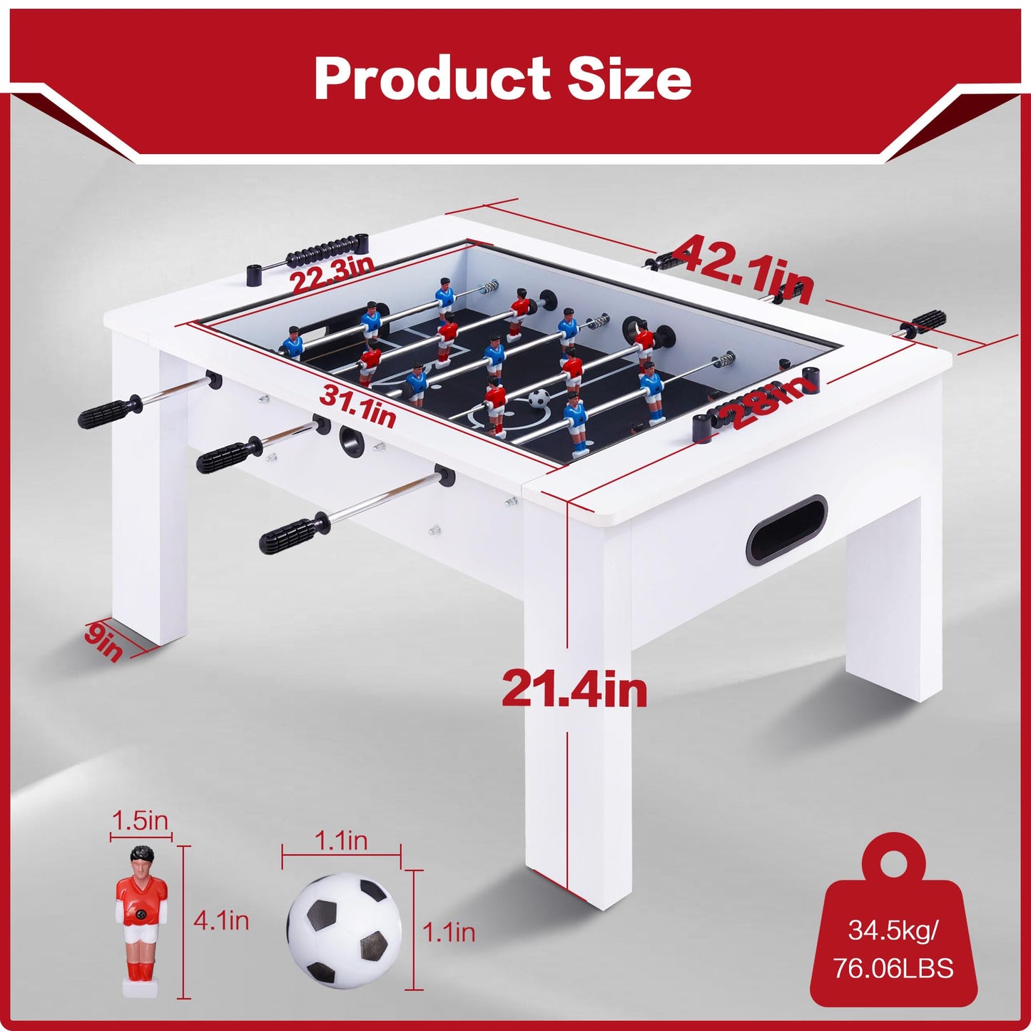 RAYKEEP Foosball Coffee Table, 2-in-1 Soccer Game Table and Coffee Table, Modern Multi Game Table with 2 Balls, Tempered Glass, for Living Room, Family Entertainment Center (White)