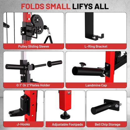Garvee Folding Squat Rack, Wall Mounted Power Rack with Dual Independent Pulley System & Pull Up Bar, Multi-Function Power Cage with for Home Gym Space-Saving